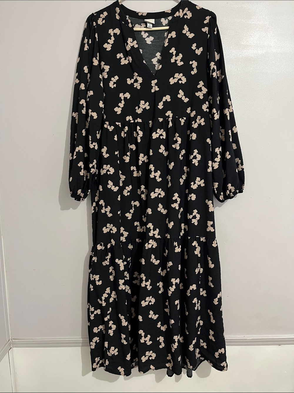 a new day Black Dress with Cream Print women’s xl high pockets long sleeve - Picture 2 of 8